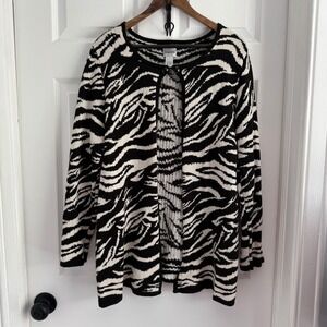 Chicos Zebra Print Cardigan Sweater Black White Large Cotton Rayon Blend